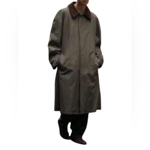 Jos. A. Bank Olive Trench Coat Removable Leather Collar Belt 42R Long